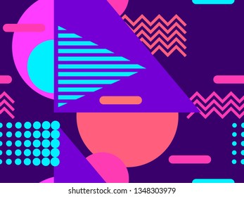 Geometric seamless pattern in the memphis style of the 80s. Violet tones. Vector illustration
