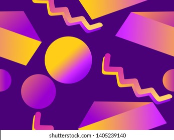 Geometric seamless pattern in memphis style of the 80s. Fluid gradient shapes. Vector illustration