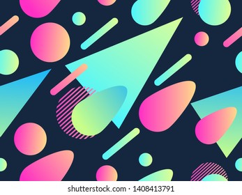 Geometric seamless pattern in memphis style of the 80s. Fluid gradient shapes. Vector illustration