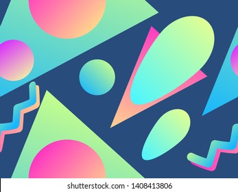 Geometric seamless pattern in memphis style of the 80s. Fluid gradient shapes. Vector illustration