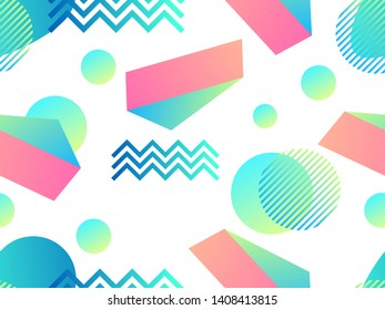 Geometric seamless pattern in memphis style of the 80s. Fluid gradient shapes. Vector illustration