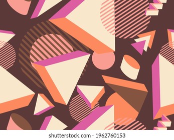 Geometric seamless pattern in memphis style with 3d geometric shapes. Isometric geometry in the style of the 80s for promotional products, wrapping paper and printing. Vector illustration
