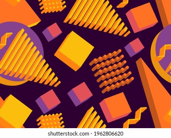 Geometric seamless pattern in memphis style with 3d geometric shapes. Isometric geometry in the style of the 80s for promotional products, wrapping paper and printing. Vector illustration
