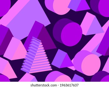 Patrón geométrico sin fisuras en estilo memphis con formas geométricas 3d. Geometría isométrica en el estilo de los años 80 para productos promocionales, papel envolvente e impresión. Ilustración del vector