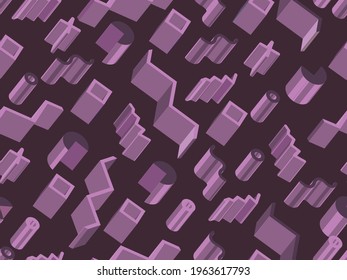 Geometric seamless pattern in memphis style with 3d geometric shapes. Isometric geometry in the style of the 80s for promotional products, wrapping paper and printing. Vector illustration