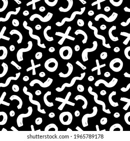 Geometric seamless pattern in Memphis style. Grunge brush stroke circles, crosses and waves. Hand drawn ink illustration. Hipster black paint geometric background. Vector EPS 10