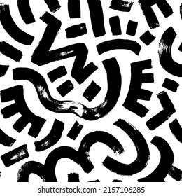 Geometric seamless pattern in memphis style. Abstract grunge brush strokes, bold curved lines. Hand drawn different shapes and textures. Messy doodles, bold curvy lines illustration. Modern forms