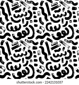 Patrón geométrico sin soldadura al estilo Memphis. Pincel de líneas curvas dibujadas, guiones y trazos de pincel rugosos. Patrón de negro y blanco abstracto sin inconvenientes. Grunge las líneas rectas. 