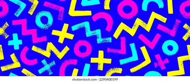 Geometric seamless pattern in Memphis style. Bold brush strokes in psychedelic bright colors. Vector grunge zigzag, circles, crosses and triangles. Pattern in 90s 80s style with geometric shapes.