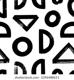 Geometric seamless pattern memphis style with circles, triangles and half circle. Grunge bold brush strokes. Hand drawn geometric shapes seamless pattern. Modern vector grunge background.