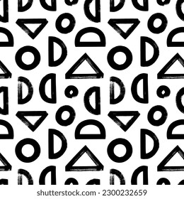 Geometric seamless pattern memphis style with circles, triangles and half circle. Grunge bold brush strokes. Hand drawn geometric shapes seamless pattern. Modern vector grunge background.