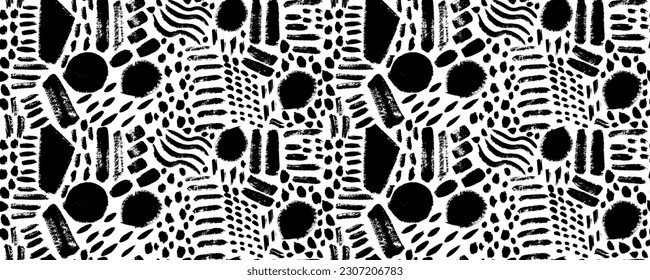 Geometric seamless pattern in memphis style. Hand drawn curved and wavy lines with grunge circles. Straight brush strokes, triangles, circles, zigzag lines. 
