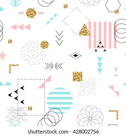Geometrisches, nahtloses Muster, Memphis-Stil mit goldener Glitterstruktur.