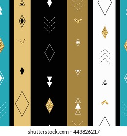 Geometric seamless pattern memphis style with golden glitter texture.