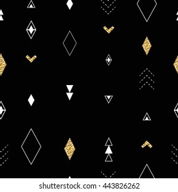Geometric seamless pattern memphis style with golden glitter texture.