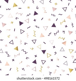 Geometric seamless pattern in Memphis style with gold and rose gold elements. 