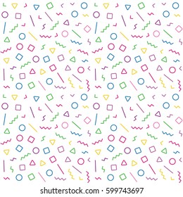 Geometric seamless pattern in Memphis style. Abstract hipster pattern with lines, squares, triangles and circles. Vector background Illustration