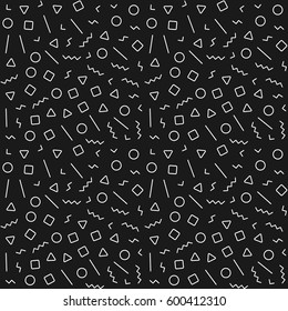 Geometric seamless pattern in Memphis style. Abstract hipster pattern with lines, squares, triangles and circles. Vector background Illustration