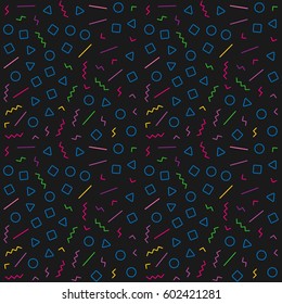 Geometric seamless pattern in Memphis style. Abstract hipster pattern with lines, squares, triangles and circles. Vector background Illustration