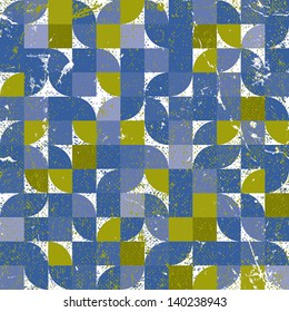 Geometric seamless pattern with mess aged texture, vector background in blue and green colors. 