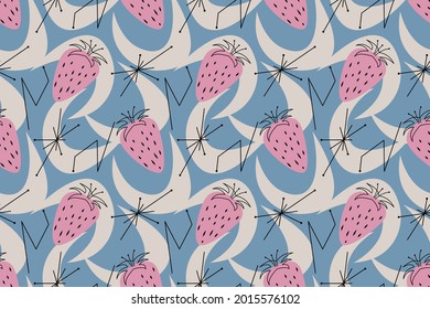 Patrón geométrico sin fisuras de diseño de estilo moderno de medio siglo con abstracción y fresas. Ilustración vectorial en un sencillo. Patrón con abstracciones y frutos en un estilo retro vintage.