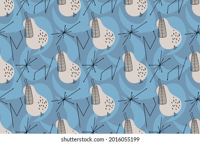 Patrón geométrico sin fisuras de diseño de estilo moderno de medio siglo con abstracción y pera. Ilustración vectorial en un sencillo. Patrón con abstracciones y frutos en un estilo retro vintage