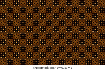 Geometric seamless pattern with mini diamond and square shape in brown and light gold color on indigo dark brown background. Vector illustration. For printing on fabric textile wrapping cloth swimwear