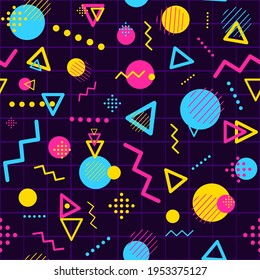 Geometric seamless pattern with minimalist and modern shapes. Repetitive background with triangles, lines, circles and dots. Colorful digital space and funky party conceptual art.