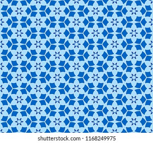 Geometric seamless pattern. Mix blue and white kaleidoscope. Oriental ornament mosaic background.  Azulejos tiles. Easy to use vector template for invitations, greeting cards, fabric, wallpapers.