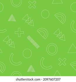 Geometric seamless pattern. Modern abstract background with geometric shapes on green background. Memphis style. Vector illustration
