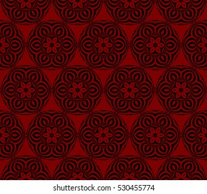 Geometric seamless pattern. Modern floral ornament. Red, black color. Vector illustration. For the interior design, wallpaper, decoration print, fill pages