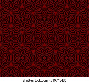 Geometric seamless pattern. Modern floral ornament. Red, black color. Vector illustration. For the interior design, wallpaper, decoration print, fill pages