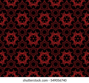 Geometric seamless pattern. Modern floral ornament. Red, black color. Vector illustration. For the interior design, wallpaper, decoration print, fill pages