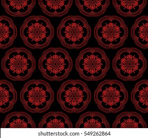 Geometric seamless pattern. Modern floral ornament. Red, black color. Vector illustration. For the interior design, wallpaper, decoration print, fill pages