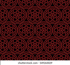 Geometric seamless pattern. Modern floral ornament. Red, black color. Vector illustration. For the interior design, wallpaper, decoration print, fill pages