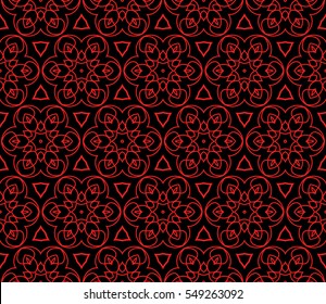 Geometric seamless pattern. Modern floral ornament. Red, black color. Vector illustration. For the interior design, wallpaper, decoration print, fill pages