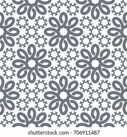 Geometric seamless pattern. Modern floral ornament. Gray and white color. Vector illustration. For the interior design, wallpaper, decoration print, fill pages