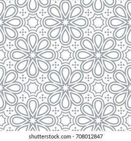 Geometric seamless pattern. Modern floral ornament. Gray and white color. Vector illustration. For the interior design, wallpaper, decoration print, fill pages