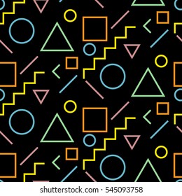 Geometric seamless pattern in modern hipster style. Vector texture of trendy colorful figures on black background. 