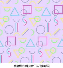 Geometric seamless pattern in modern hipster style. Vector texture of trendy colorful figures on violet background. 