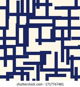 Geometric seamless pattern. Modern maze print. Aymmetric labyrinth ornament. Repeated lines, blocks bauhaus style background. Contemporary minimal geo wallpaper. Abstract vector design