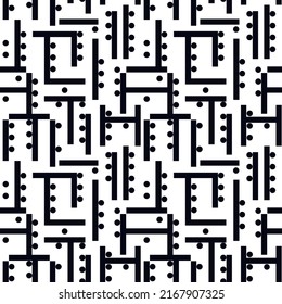 Geometric seamless pattern. Modern maze print. Aymmetric labyrinth ornament. Repeated lines, dots bauhaus style background. Contemporary minimal geo wallpaper. Abstract vector design