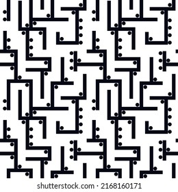 Geometric seamless pattern. Modern maze print. Aymmetric labyrinth ornament. Repeated lines, dots bauhaus style background. Contemporary minimal geo wallpaper. Abstract vector design