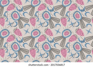 Geometric seamless pattern in a modern mid-century style. Vector illustration in a simple. A pattern with abstractions of flowers and stars, fruit in a retro-vintage style.
