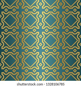 Geometric Seamless Pattern. Modern Ornament. Vector Illustration. For The Interior Design, Wallpaper, Decoration Print, Fill Pages, Invitation Card, Cover Book. blue gold color.