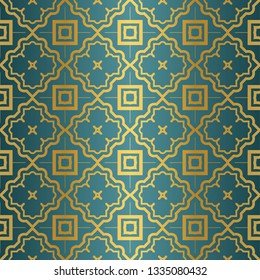 Geometric Seamless Pattern. Modern Ornament. Vector Illustration. For The Interior Design, Wallpaper, Decoration Print, Fill Pages, Invitation Card, Cover Book. blue gold color.