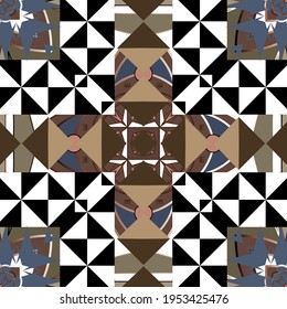 Geometric seamless pattern. Modern ornamental colorful background. Vector repeat geometrical backdrop. Geometry ornaments with abstract shapes, triangles, squares. Patterned decorative ornate design.
