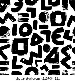 Geometric seamless pattern modern style .   Black and white vector abstract background. Grunge straight brush stroke, triangles, circles, zigzag lines. Handdrawn ink illustration .