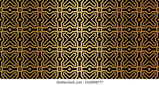 Geometric Seamless Pattern. Modern Traditional Geometric Ornament. Vector Illustration. For The Interior Design, Wallpaper, Decoration Print, Fill Pages, Invitation Card, Cover Book. Black gold color.