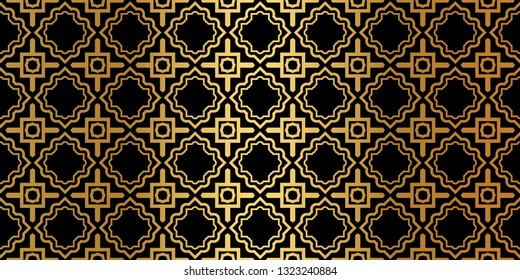 Geometric Seamless Pattern. Modern Traditional Geometric Ornament. Vector Illustration. For The Interior Design, Wallpaper, Decoration Print, Fill Pages, Invitation Card, Cover Book. Black gold color.